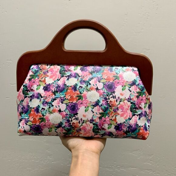 Handmade Genuine Leather Floral Print Large Wooden Frame Bag & 2 Strap Styles - Picture 1 of 15